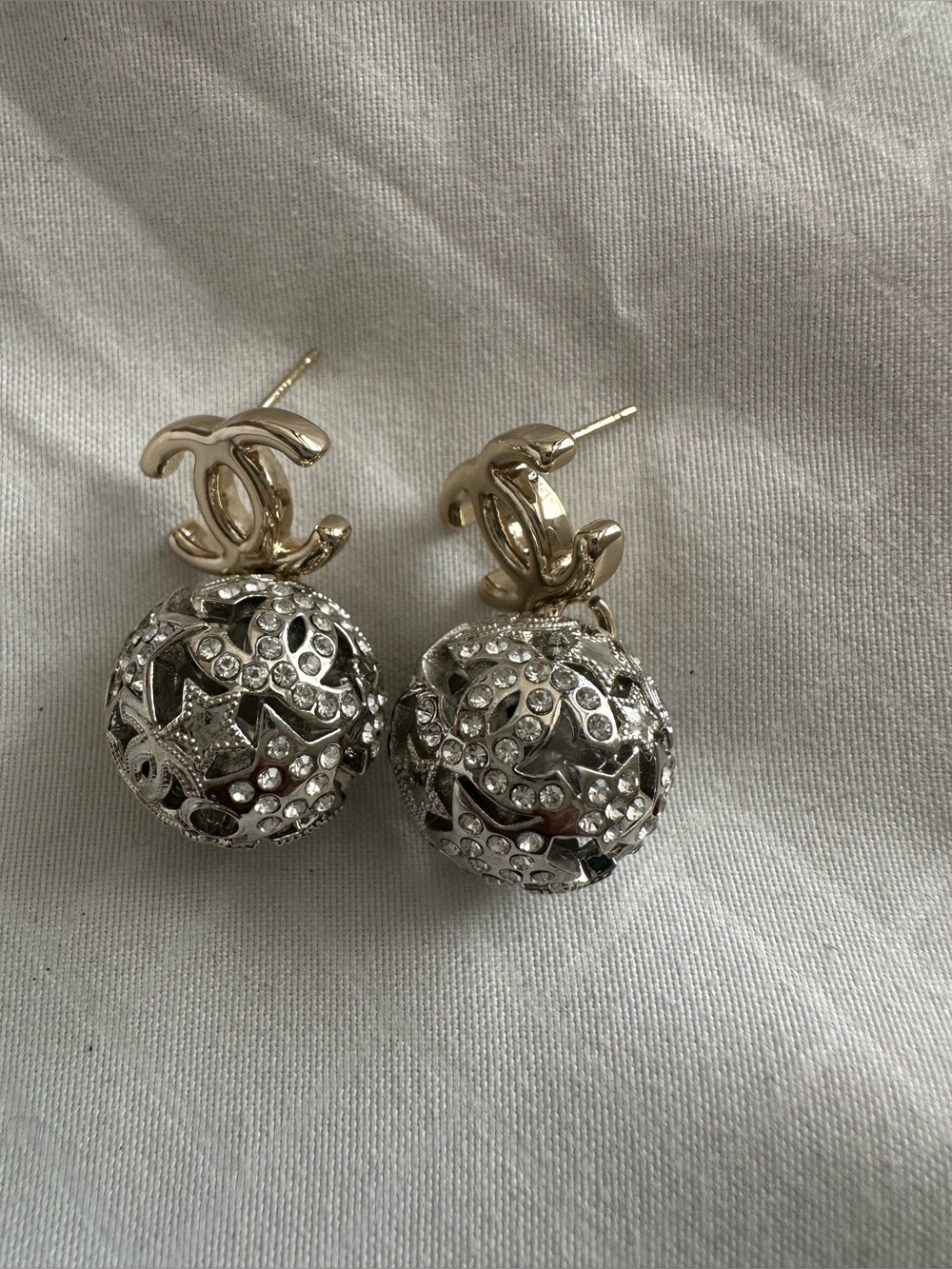 💫 CHANEL Double-C Drop Earrings with Crystal-Studded Silver Spheres